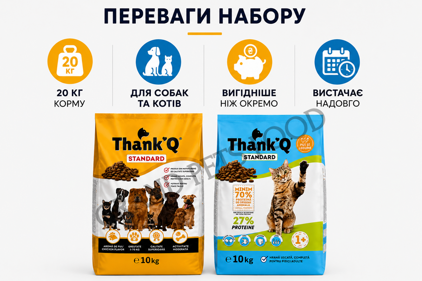 Набір корму THANK&rsquo;Q для котів та собак 20 кг (10 кг + 10 кг) 1 039 грн фото - Grand Pets Food
